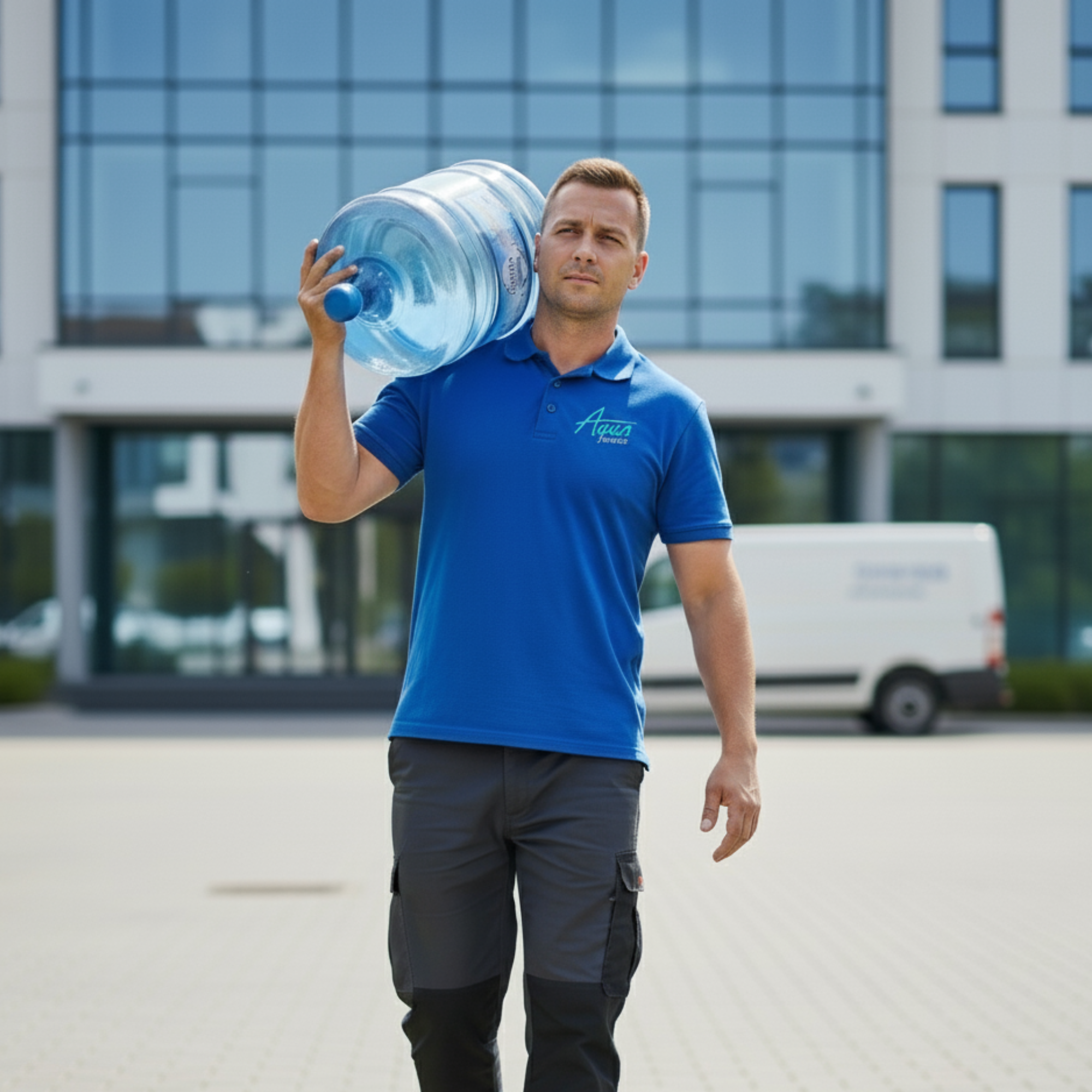 Dostawca AquaSerwis z butlą wody